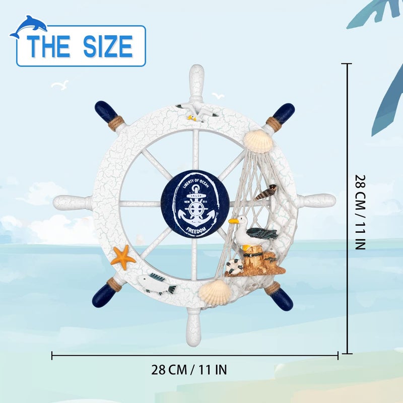 Meching 2 Pack 11" Nautical Beach Wooden Ship Wheel and 11" Wooden Anchor with Rope Nautical Boat Steering Wheel Rudder Anchor Wall Art Decor Door Hanging Ornament Beach Theme Home Decoration(White&Blue) - Image 2